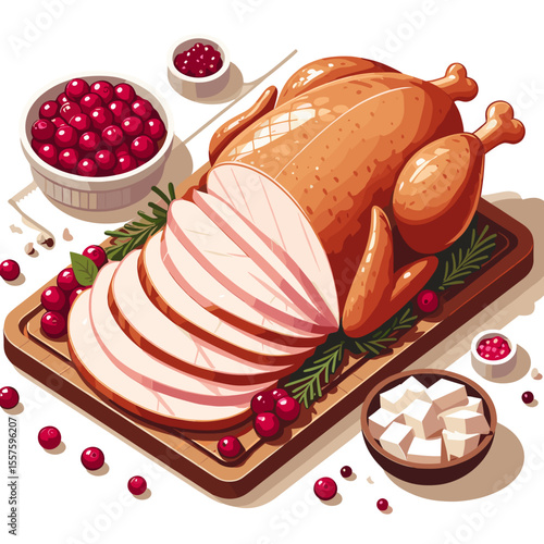 Sliced roasted turkey with cranberries on wooden cutting board