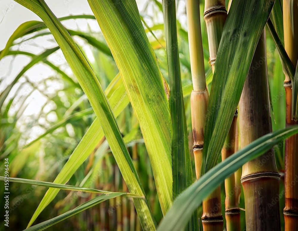 Fototapeta premium up close vibrant sugarcane stalks are displaying unique patterns and beautiful green leaves around the vegetation