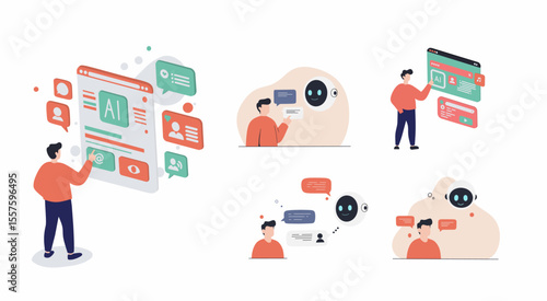 Flat vector scene of people interacting with agentic AI 