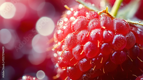 Closeup of a Dewy Red Raspberry with Bokeh Background