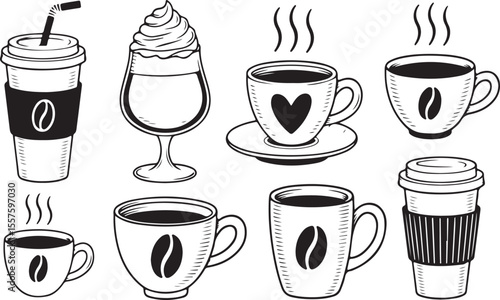 Various coffee drinks and cups with steam and coffee beans beverages