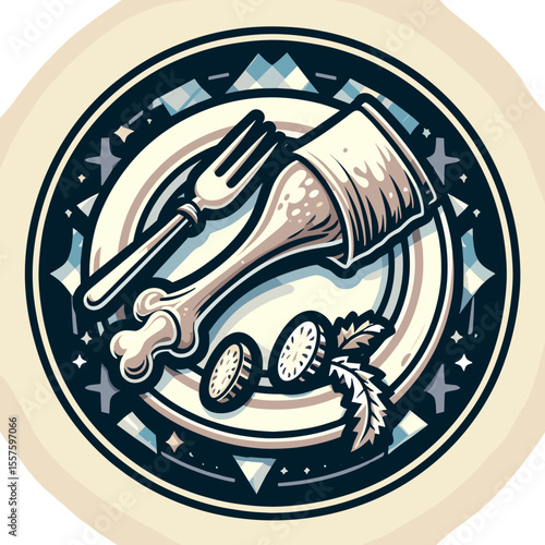 Stylized turkey leg with herbs and fork on decorative plate