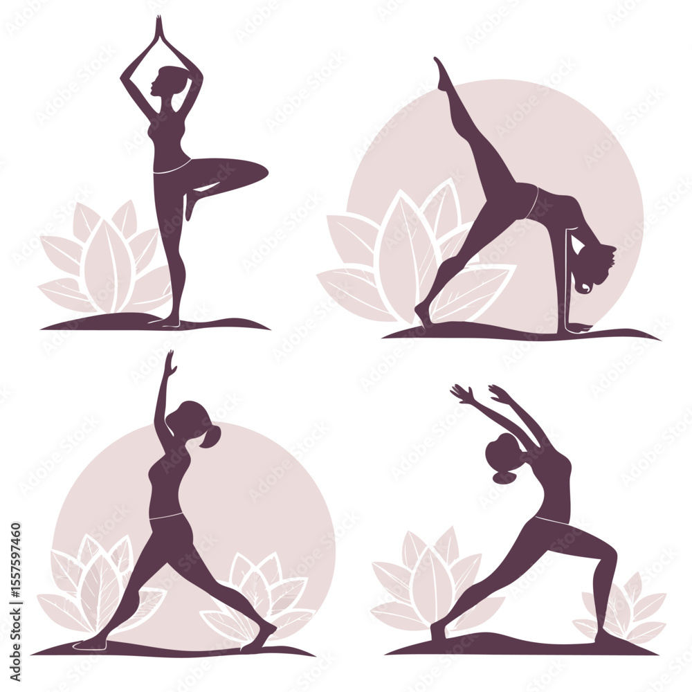 Obraz premium Silhouette illustration showcasing various breakdancing poses against red circular backgrounds