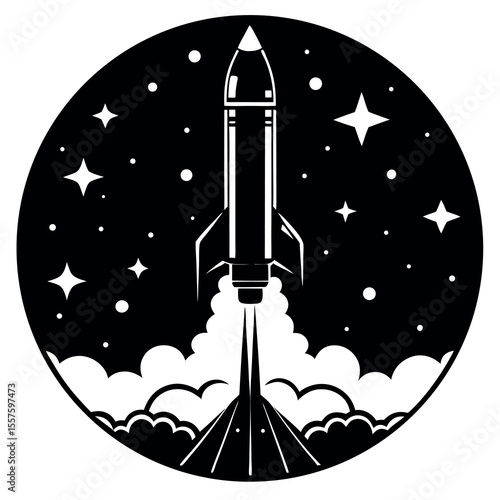 Silhouette of a space rocket launching into the night sky