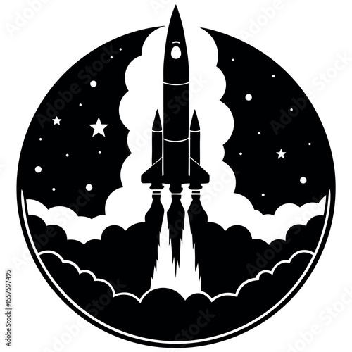 Silhouette of a rocket launching into space with fiery exhaust