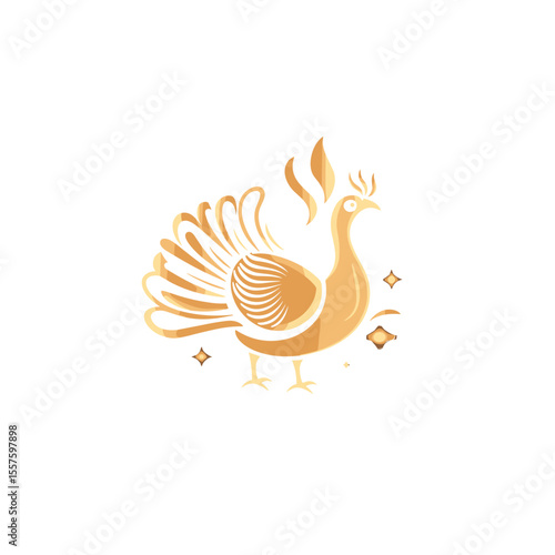 Golden stylized turkey illustration with stars on white background