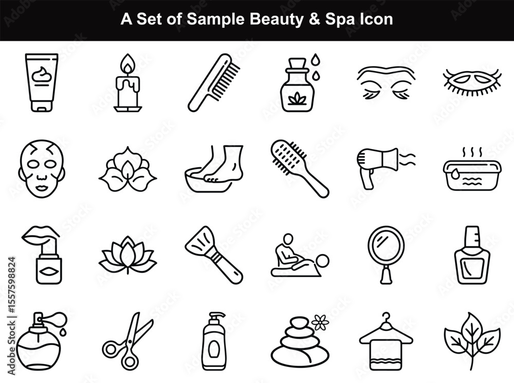 Fototapeta premium Relaxation and Self-Care A Collection of Line Art Spa and Beauty Icons,Spa and beauty items in line art depict relaxation and personal care routines