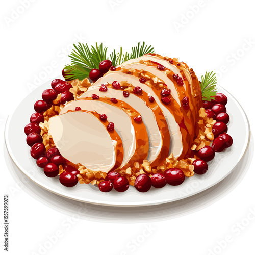 Sliced roasted turkey breast with cranberries and herbs on plate