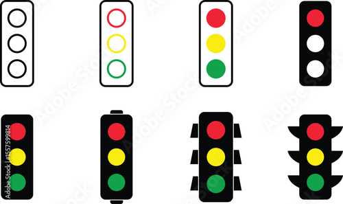 Vector Traffic Light Icon Collection on Transparent Background, Red, Yellow ,Green Signal