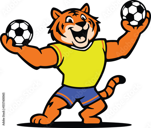 A friendly cartoon mascot Tiger holds two soccer balls, ready to play.