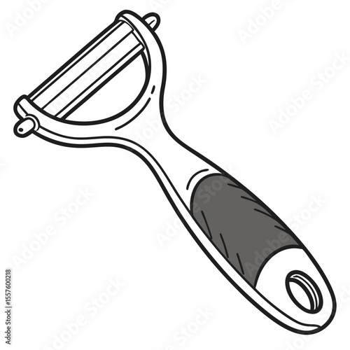 An ergonomic vegetable peeler, essential for effortless peeling, isolated on a clean white background with generous empty space.