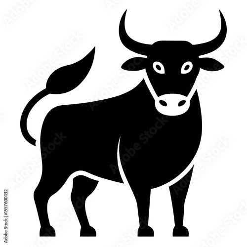Silhouette of a Black Bull with Curving Horns and a Bushy Tail Isolated on White