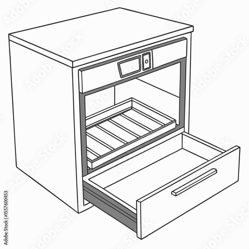 A sleek warming drawer, ideal for keeping food hot before serving, presented on a clean white background with copy space.