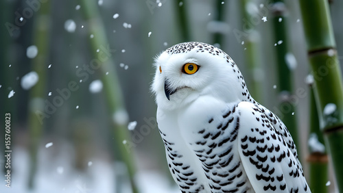 Majestic white owl with striking yellow eyes perched among green bamboo stalks in snowy forest, creating serene winter scene
