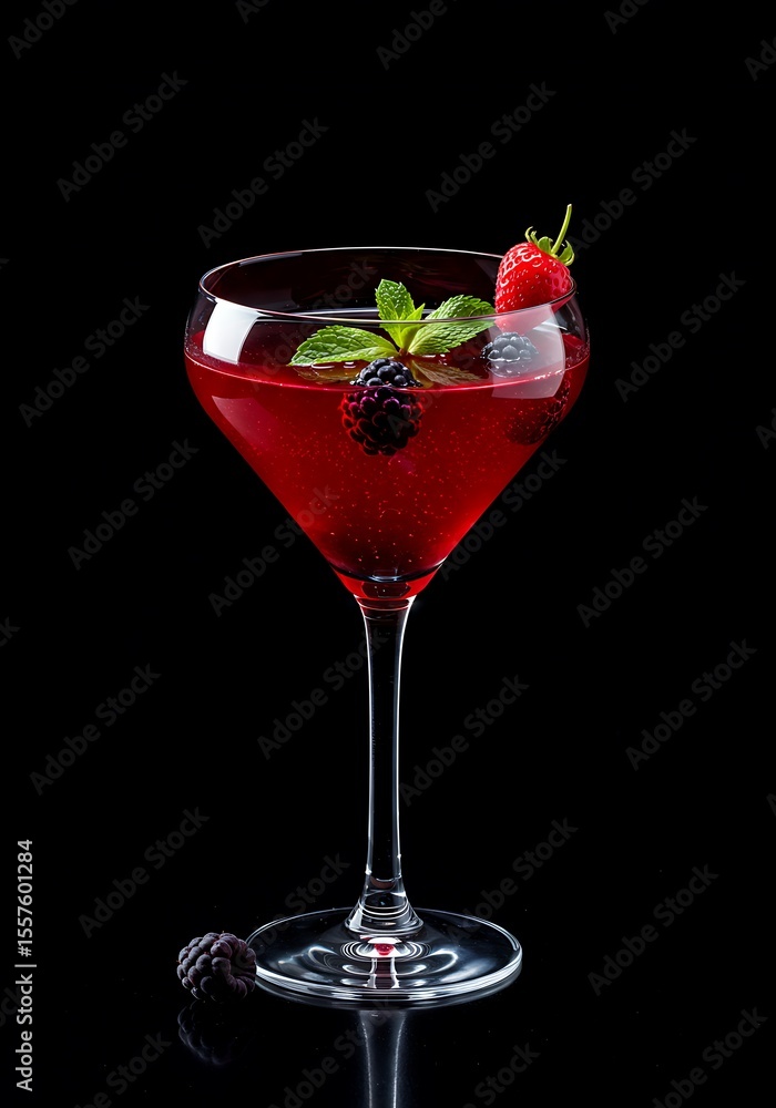 Red cocktail with berries and mint leaves in martini glass Red cocktail with berries and mint leaves in martini glass