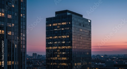 Modern office buildings rise against a twilight sky, lights gleaming in the windows.