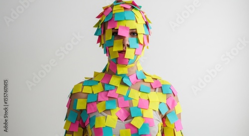 A person completely covered in colorful sticky notes, obscuring their face and body.
