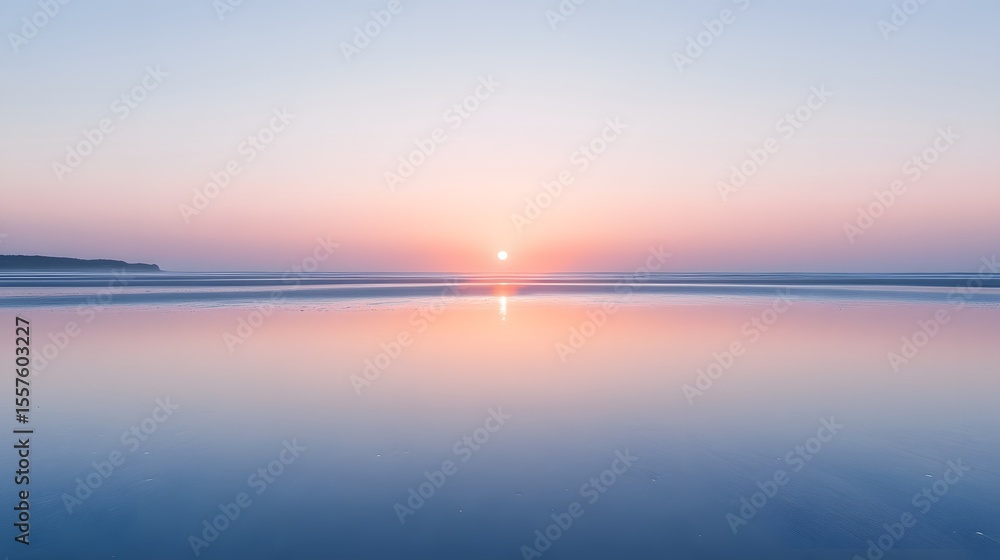 Fototapeta premium Serene Pink Sunset Beach Reflection: Calm Ocean Panorama