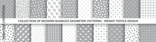 Collection of vector seamless geometric minimalistic patterns in different styles. Monochrome repeatable unusual backgrounds. Endless gray and white prints, modern textile textures
