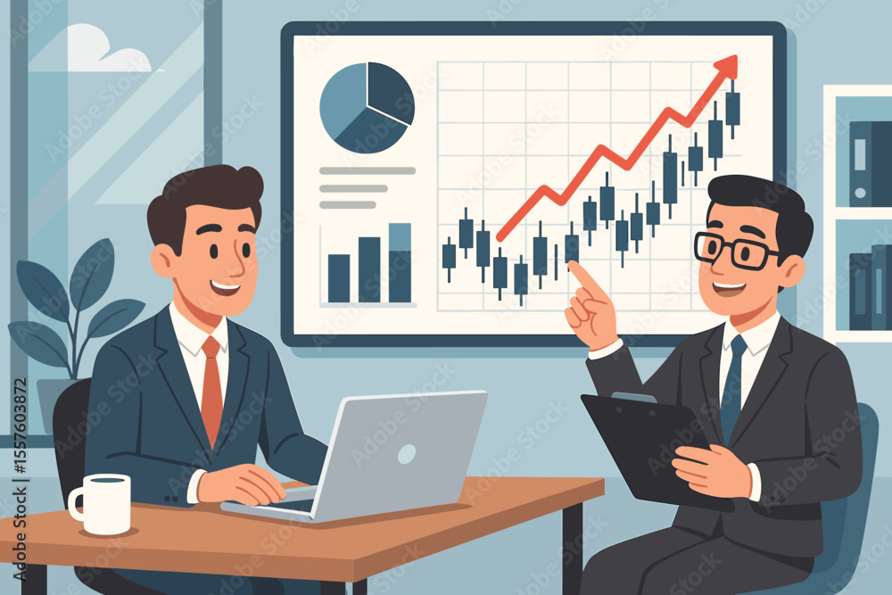Businessmen analyzing financial data and identifying trends in a modern office. Vector cartoon illustration of colleagues in a meeting discussing stock market growth and strategy. Businessmen analyzing financial data and identifying trends in a modern office. Vector cartoon illustration of colleagues in a meeting discussing stock market growth and strategy.