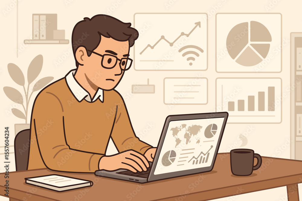 Data analyst examining business statistics on a laptop. Focused man at office desk working with financial report charts and graphs. Data analytics concept. Vector cartoon illustration. Data analyst examining business statistics on a laptop. Focused man at office desk working with financial report charts and graphs. Data analytics concept. Vector cartoon illustration.