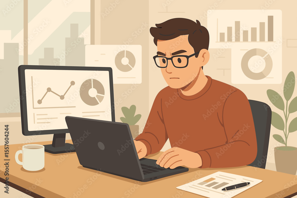 Focused data analyst examining financial statistics on a computer at modern workplace. Man working with business analytics report, charts and graphs for market research concept. Focused data analyst examining financial statistics on a computer at modern workplace. Man working with business analytics report, charts and graphs for market research concept.