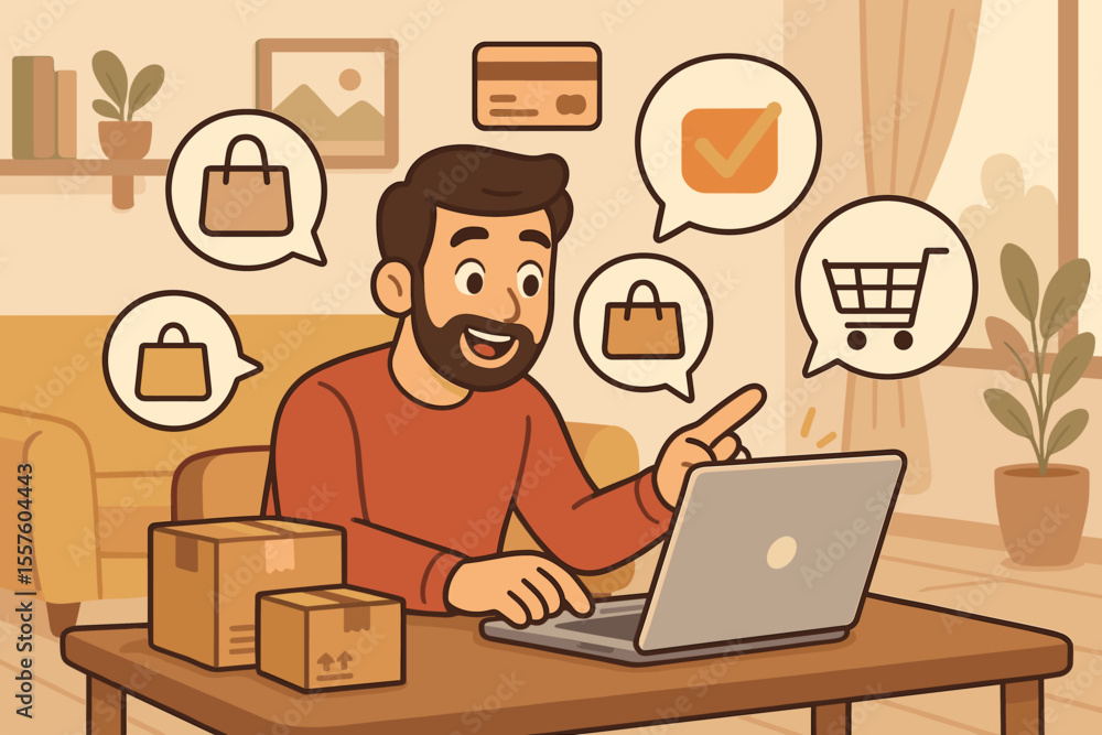 Online Shopping at Home Vector Illustration. Man Using Laptop for E-commerce, Placing Orders, Shopping Bags, Cart, Delivery Boxes, Payment, Digital Retail, Internet Purchase, Modern Lifestyle Concept Online Shopping at Home Vector Illustration. Man Using Laptop for E-commerce, Placing Orders, Shopping Bags, Cart, Delivery Boxes, Payment, Digital Retail, Internet Purchase, Modern Lifestyle Concept