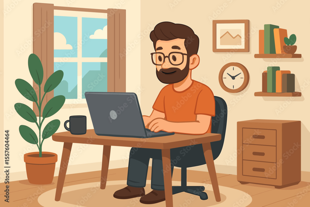 Remote work from home office concept. Cartoon man using laptop at desk. Cozy workspace with plant, coffee mug, bookshelves, window, clock. Freelance, telecommute, productivity, modern lifestyle Remote work from home office concept. Cartoon man using laptop at desk. Cozy workspace with plant, coffee mug, bookshelves, window, clock. Freelance, telecommute, productivity, modern lifestyle