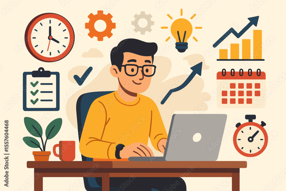 Productivity and Time Management for Freelancers. Remote Work Efficiency. Self-Employed Professional at Desk with Laptop, Charts, Clock, Checklist, Growth, Innovation. Vector Cartoon Illustration Productivity and Time Management for Freelancers. Remote Work Efficiency. Self-Employed Professional at Desk with Laptop, Charts, Clock, Checklist, Growth, Innovation. Vector Cartoon Illustration