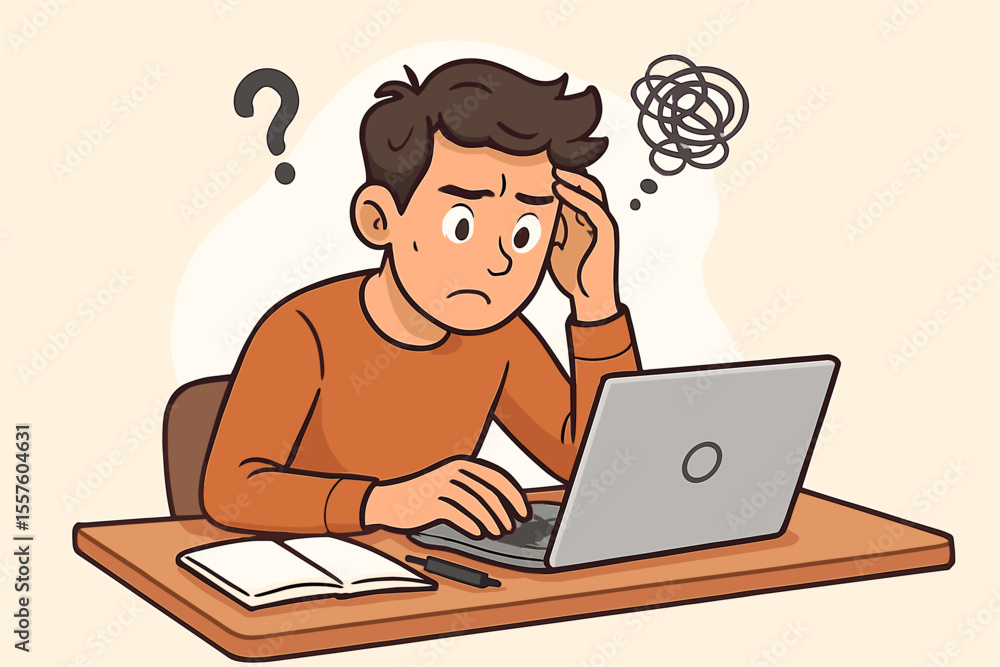 Confused young man struggling with difficult problem on laptop at desk. Cartoon vector illustration of student experiencing frustration, stress, mental block, thinking, question mark, scribble, study Confused young man struggling with difficult problem on laptop at desk. Cartoon vector illustration of student experiencing frustration, stress, mental block, thinking, question mark, scribble, study