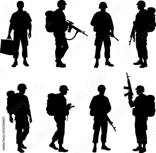 Soldier Silhouettes with Weapons and Gear vector