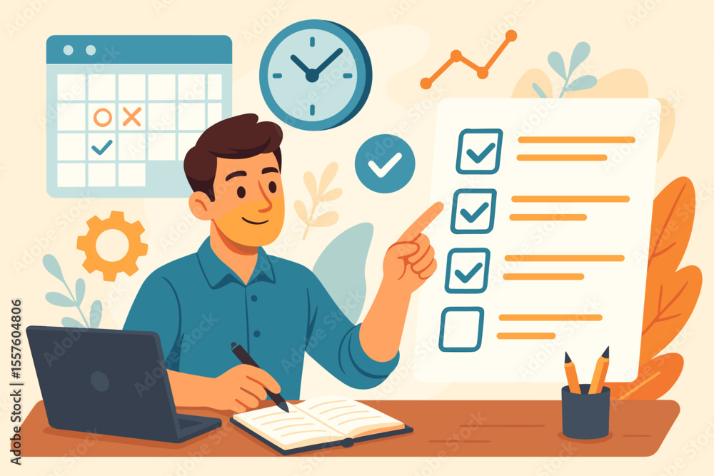 Productive man organizing daily schedule, prioritizing tasks, managing time, checking to-do list, planning work, goal setting, efficiency, productivity, office desk, calendar, vector illustration Productive man organizing daily schedule, prioritizing tasks, managing time, checking to-do list, planning work, goal setting, efficiency, productivity, office desk, calendar, vector illustration