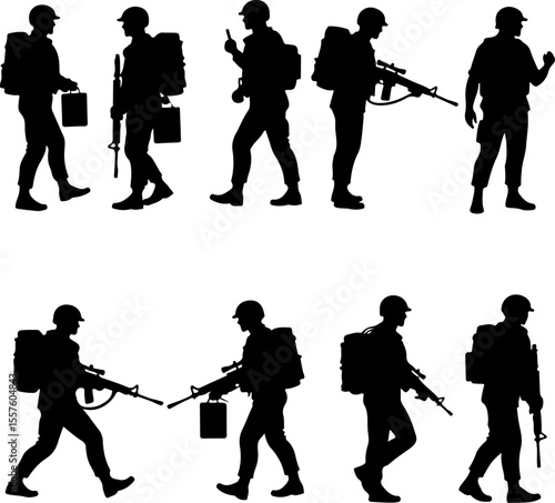 Soldier Silhouettes with Weapons and Gear vector