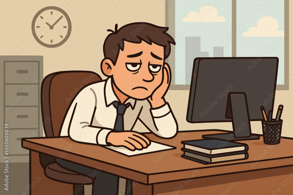 Bored unmotivated office worker sitting at desk, tired employee lacking motivation, procrastination at workplace, business stress, burnout, corporate job dissatisfaction, cartoon vector illustration Bored unmotivated office worker sitting at desk, tired employee lacking motivation, procrastination at workplace, business stress, burnout, corporate job dissatisfaction, cartoon vector illustration