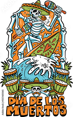 Photography Tattoo design of a human skeleton wearing a large Mexican hat riding a surfboard