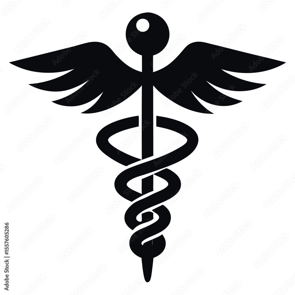 Black and White Caduceus Symbol with Wings and Snakes for Healthcare Industry Black and White Caduceus Symbol with Wings and Snakes for Healthcare Industry