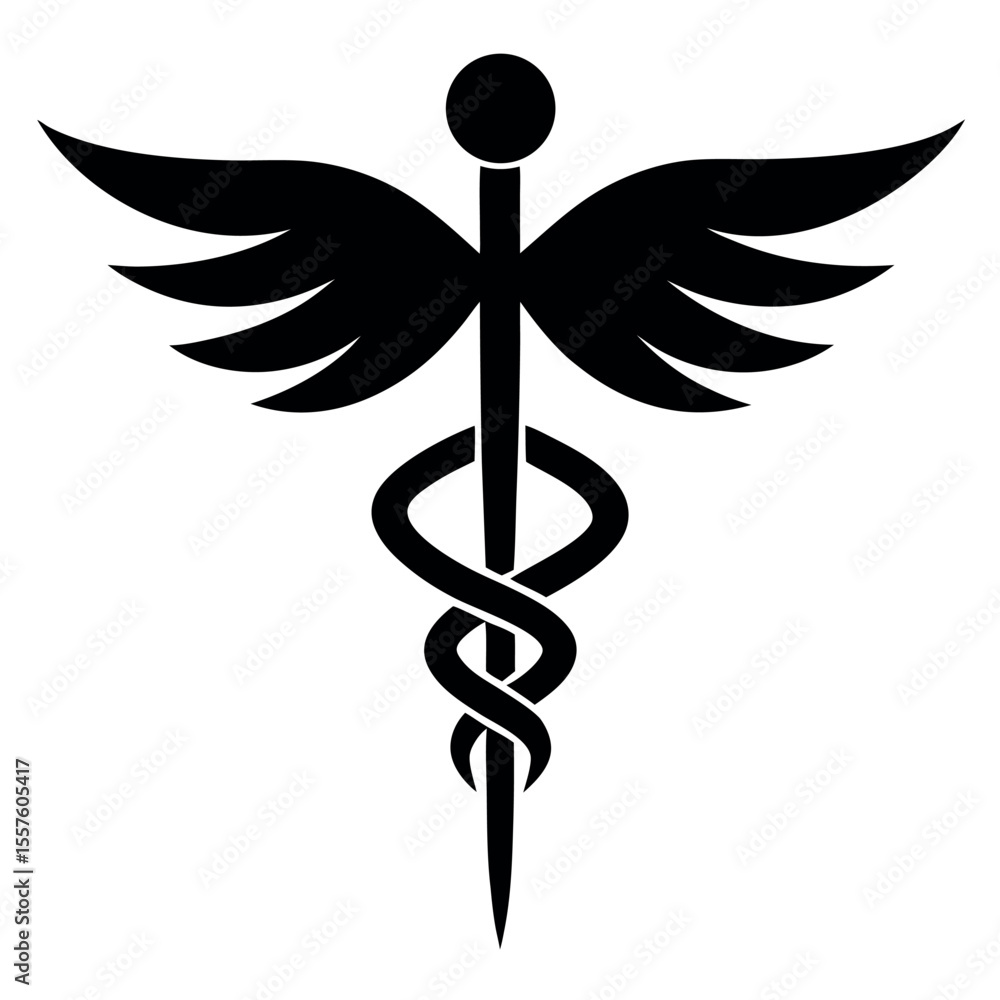 Black Caduceus Symbol with Wings and Staff, Medical Icon, Isolated on White Background Black Caduceus Symbol with Wings and Staff, Medical Icon, Isolated on White Background