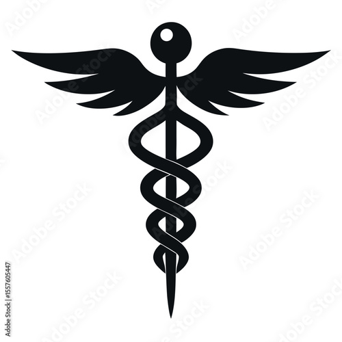 Detailed Black and White Illustration of the Caduceus Medical Symbol on White