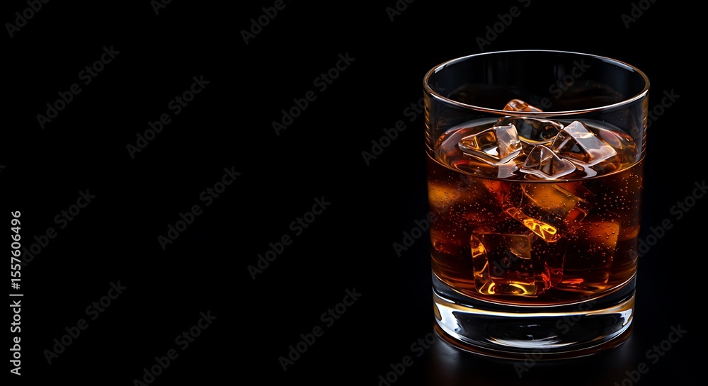 Whiskey on the rocks in a glass against a black background Whiskey on the rocks in a glass against a black background
