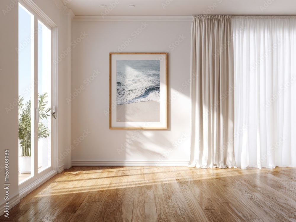 Fototapeta premium A white room with a framed picture of a beach. The curtains are white and the room is empty