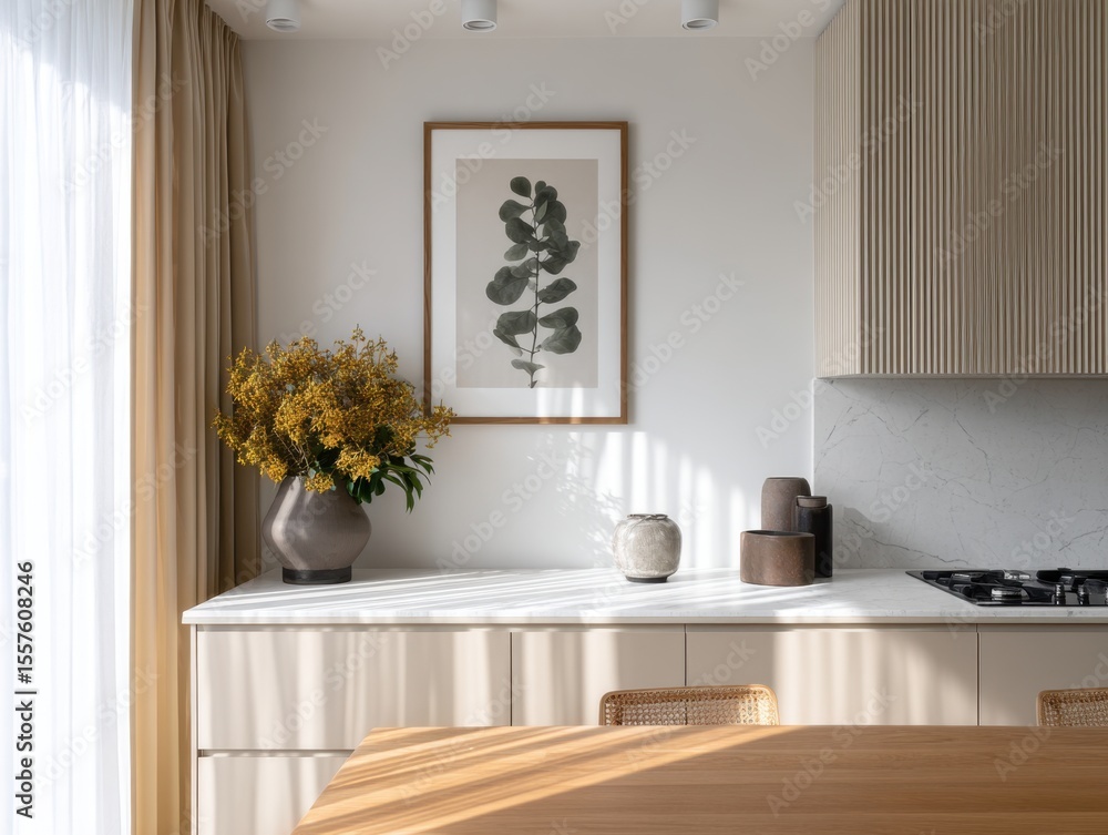 Fototapeta premium A kitchen with a white counter and a vase of flowers on it. A framed picture of a leaf is on the wall