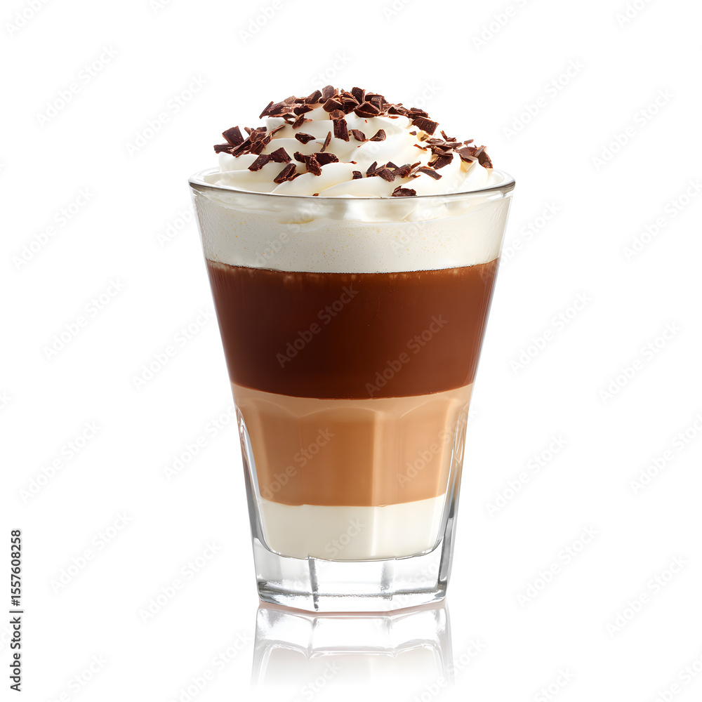 Elegant layered coffee drink with whipped cream and chocolate sprinkles.Delicious layered coffee drink topped with whipped cream and chocolate shavings, isolated on white background. Perfect for menus Elegant layered coffee drink with whipped cream and chocolate sprinkles.Delicious layered coffee drink topped with whipped cream and chocolate shavings, isolated on white background. Perfect for menus