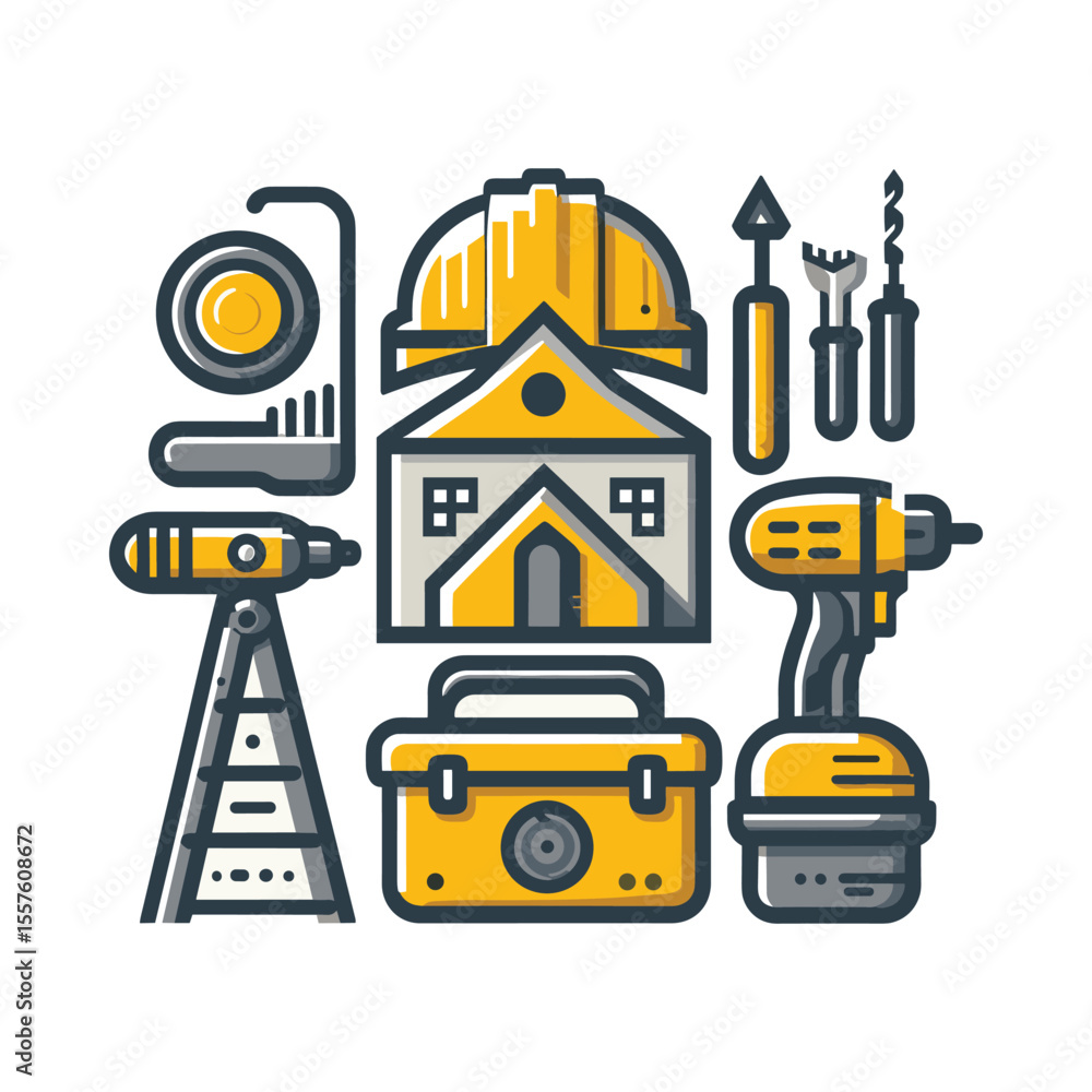 Fototapeta premium Construction tools and house illustration with various equipment and accessories displayed