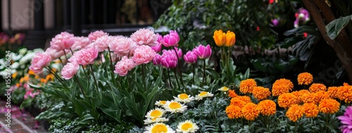 Wallpaper Mural Vibrant Pink and Orange Flowers in a Lush Garden Setting Torontodigital.ca