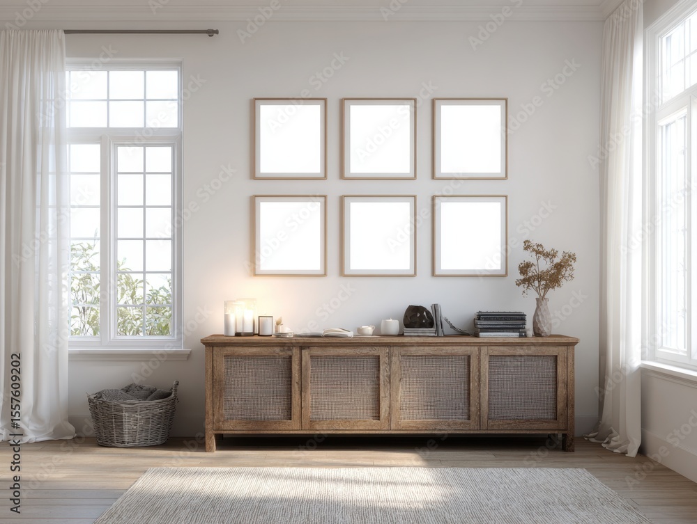 Fototapeta premium A white room with a wooden dresser and a rug. The dresser has a basket on it