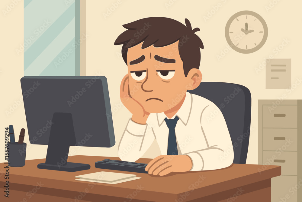 Bored male employee at desk lacking motivation. Unhappy, tired businessman procrastinating at work. Office burnout, stress and fatigue concept. Vector cartoon illustration. Bored male employee at desk lacking motivation. Unhappy, tired businessman procrastinating at work. Office burnout, stress and fatigue concept. Vector cartoon illustration.