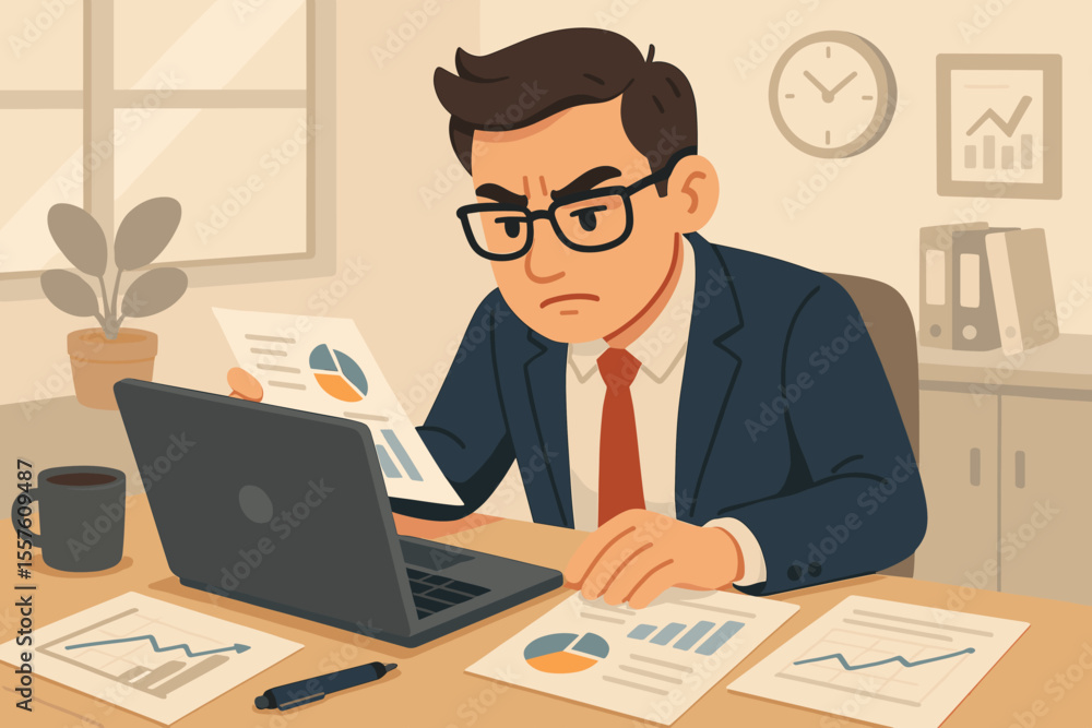 Businessman at office desk analyzing financial data reports with charts. Concentrated manager or accountant working on laptop. Corporate finance, audit and analytics concept illustration. Businessman at office desk analyzing financial data reports with charts. Concentrated manager or accountant working on laptop. Corporate finance, audit and analytics concept illustration.