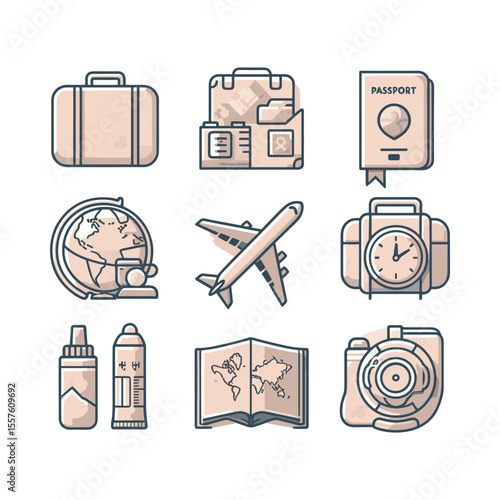 Travel Essentials A Collection of Icons Representing Luggage, Passport, and Maps for Adventure