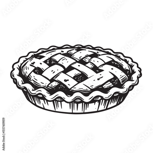 Delightful hand drawn black and white vintage art silhouette of a traditional pie with lattice crust perfect for baked goods illustrations