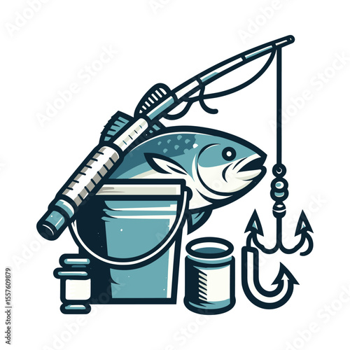 Vintage fishing gear illustration featuring a bucket, fishing rod, and a caught fish with hooks